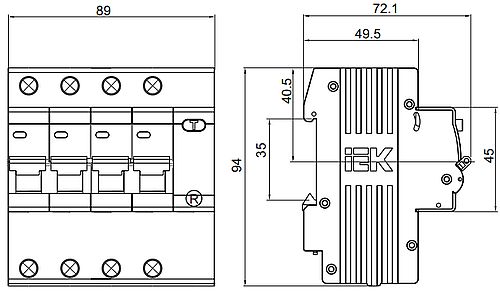 Автоматические выключатели дифференциального тока четырехполюсные IEK АД14S, ток утечки 100-300 мА, сила тока 20-63 А, отключающая способность 4.5 кА