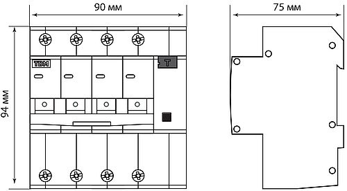 Автоматические выключатели дифференциального тока четырехполюсные TDM АД14, ток утечки 10-300 мА, сила тока 10-63 А, отключающая способность 4.5 кА