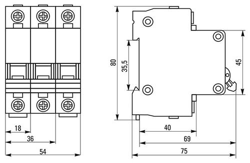 Автоматический выключатель трехполюсный EKF Basic ВА47-29 3P 63А (С) 4.5kА, сила тока 63 А, тип расцепления С, отключающая способность 4.5 kА