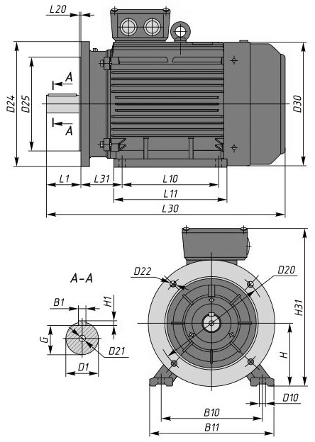 Электродвигатели общепромышленные Элси АИР 250 2-6 плюсов, IM2081 мощность 45-90 кВт, частота вращения 1000-3000 об/мин, монтажное исполнение IM2081, корпус - алюминий