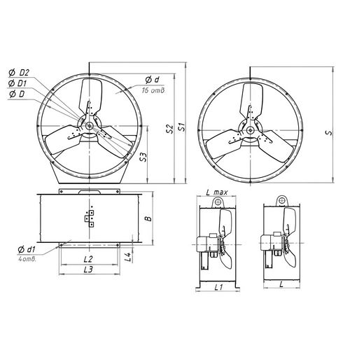 Вентилятор осевой Элком ВО 06-300 № 3.15 с двигателем, мощность - 0.18кВт, 1500об/мин, корпус - углеродистая сталь, 380В