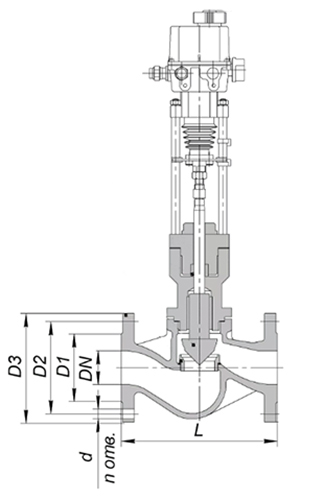 Клапан регулирующий Энерготехномаш РК 25с945нж Ду125 Ру16 односедельный фланцевый, Кvy - 160м3/ч, Tmax до 150°C, корпус - сталь 25Л, с ЭИМ Regada ST 0 490.0-0NFSG/00, с токовым сигналом 4-20 мА