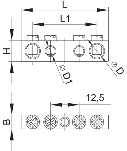 Шины нулевые ЭРА PEN с заземлением 6х9-8x12 мм латунные, 4-22 соединения с креплениями по центру