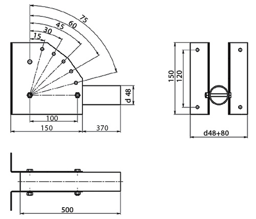 Кронштейн ЭРА SPP-AC2-0-500-048 для уличного светильника, 520х150х120мм, диаметр 48мм, шаг 15°, с переменным углом, материал корпуса - сталь