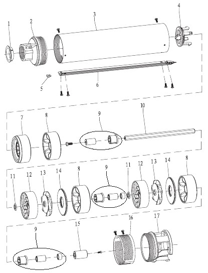 Насос скважинный ESQ ЭЦВ 5-4-75 2″ Ду50 артезианский, производительность - 67 л/мин,  напор - 75 м, мощность - 2,2 кВт, диаметр скважины - 127 мм, 3х380В/50Гц