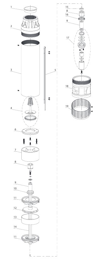 Насос скважинный ESQ ЭЦВ 6-6,5-85 2 1/2″ Ду65 артезианский, производительность - 108 л/мин,  напор - 85 м, мощность - 4 кВт, диаметр скважины - 150 мм, 3х380В/50Гц