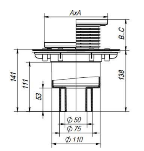 Трапы регулируемые Fachmann T-310-PNsB Дн50/75/110 150x150мм чугунная решетка, сухой затвор, подрамник из пп, вертикальный выпуск, для балконов и террас