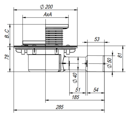 Трапы регулируемые Fachmann T-510 Дн40/50 125x125мм нержавеющая решетка, сухой затвор, подрамник из пп, горизонтальный выпуск, для балконов и террас