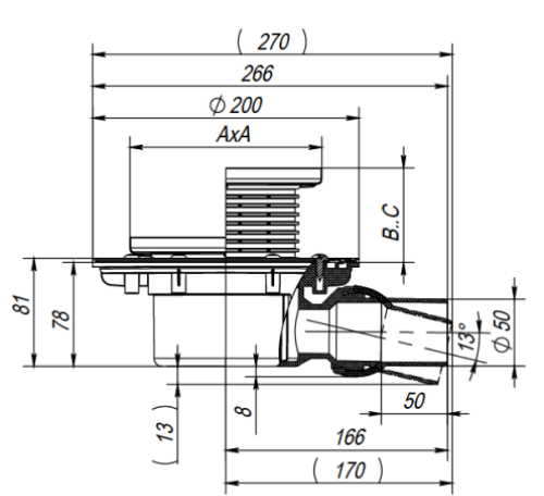 Трапы регулируемые Fachmann T-520-PNsG Дн50 150x150мм чугунная решетка, сухой затвор, подрамник из чугуна, горизонтальный выпуск, шарнирное соединение, для балконов и террас
