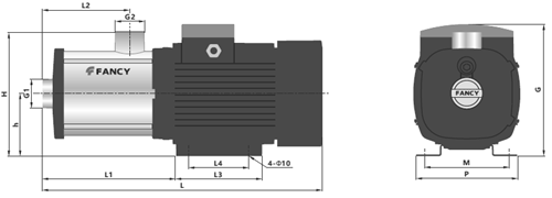 Насос многоступенчатый FANCY CM2-4 Ду25x25 горизонтальный, подача - 2.00 м3/ч, мощность - 0.55 кВт, напряжение - 380 В, корпус - нержавеющая сталь