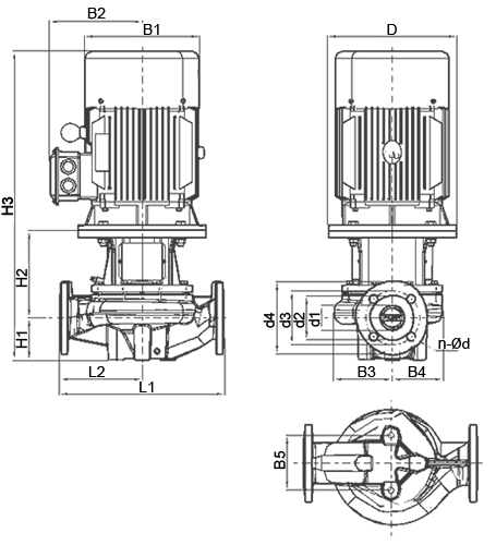 Насос ин-лайн FANCY FTD250-29/4 Ду250 Ру16 четырехполюсной центробежный, IP55, мощность - 55 кВт, номинальный напор - 29 м, производительность - 500 м3/ч, корпус, рабочее колесо - чугун