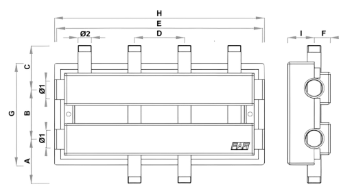 Коллектор с теплоизоляцией FAR FK 2191 Ду32-4х1″ Ру8, внутренняя резьба, для групп быстрого монтажа с 4-мя контурами Ду25, контуры наружная резьба, корпус сталь