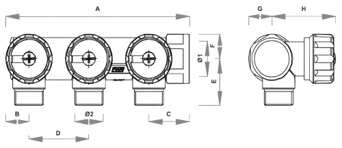 Коллекторы регулирующие FAR Multifar FK3819 Ду20-2х3/4″ Ру10, внутренняя резьба, выходы наружная резьба Eurokonus или с плоским уплотнением, концевой, с межосевым расстоянием отводов 45 мм, корпус латунь CB752S