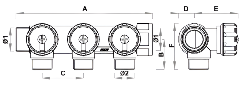 Коллекторы регулирующие FAR Multifar FK3824 Ду20-25-4х1/2-3/4″ Ру10, наружная/внутренняя резьба, выходы наружная резьба Eurokonus или с плоским уплотнением, проходной, с межосевым расстоянием отводов 45 мм, корпус латунь