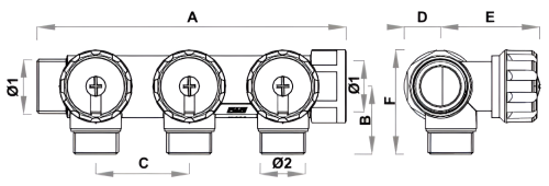 Коллекторы регулирующие FAR Multifar FK3837 наружная/внутренняя резьба, выходы М24х19, проходной, с межосевым расстоянием отводов 45 мм, корпус латунь
