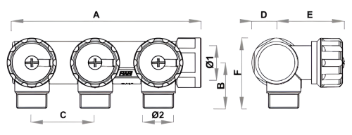 Коллекторы регулирующие FAR Multifar FK3827 наружная/внутренняя резьба, выходы М33×1,5, проходной, с межосевым расстоянием отводов 70 мм, корпус Dzr латунь