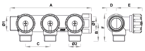 Коллекторы регулирующие FAR Multifar FK3837 наружная/внутренняя резьба, выходы М24х19, проходной, с межосевым расстоянием отводов 45 мм, корпус Dzr латунь