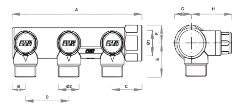 Коллекторы запорно-балансировочные FAR Multifar FK3859 внутренняя резьба, выходы наружная резьба Eurokonus или с плоским уплотнением, концевой, с межосевым расстоянием отводов 45 мм, корпус латунь