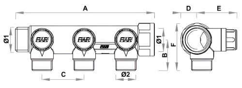 Коллекторы запорно-балансировочные FAR Multifar FK3860 наружная/внутренняя резьба, выходы наружная резьба Eurokonus или с плоским уплотнением, проходной, с межосевым расстоянием отводов 45 мм, корпус латунь