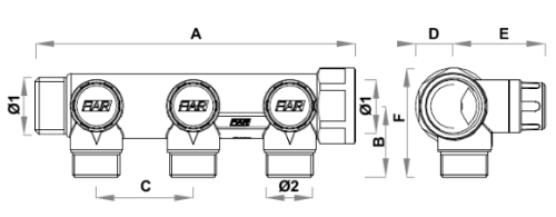 Коллектор запорно-балансировочный FAR Multifar FK3906 Ду25 Ру10, наружная/внутренняя резьба с 4-мя выходами М24х19, проходной, корпус латунь