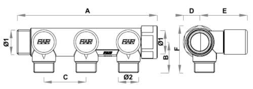 Коллекторы регулирующие FAR Multifar FK3879 наружная/внутренняя резьба, выходы наружная резьба Eurokonus, проходной, с межосевым расстоянием отводов 45 мм, корпус латунь