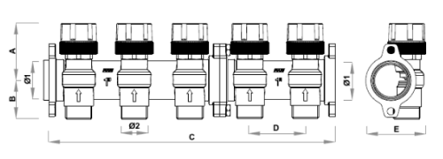 Коллекторы терморегулирующие  FAR Multifar FK3914 внутренняя резьба, выходы М24×19, под установку электротермической головки М30×1,5, с межосевым расстоянием отводов 50 мм, корпус латунь