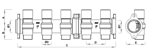 Коллекторы запорно-балансировочные FAR Multifar FK3918 внутренняя резьба, выходы наружная резьба Eurokonus, с межосевым расстоянием отводов 50 мм, корпус латунь