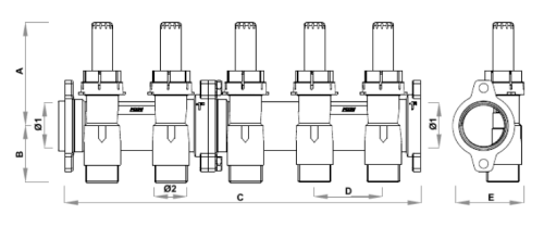 Коллектор FAR FK 3972 Ду25 Ру6, наружная/внутренняя резьба с запорно-балансировочными клапанами и расходомерами, с 2-мя выходами М24×19, корпус латунь