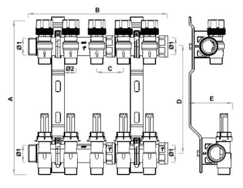 Коллекторная группа FAR FK 3981 Ду25-9х3/4″ Ру6, с подающими запорно-балансировочными клапанами и расходомерами, обратными терморегулирующими клапанами, с 9-ю выходами Ду20 Eurokonus, выходы наружная резьба, корпус латунь