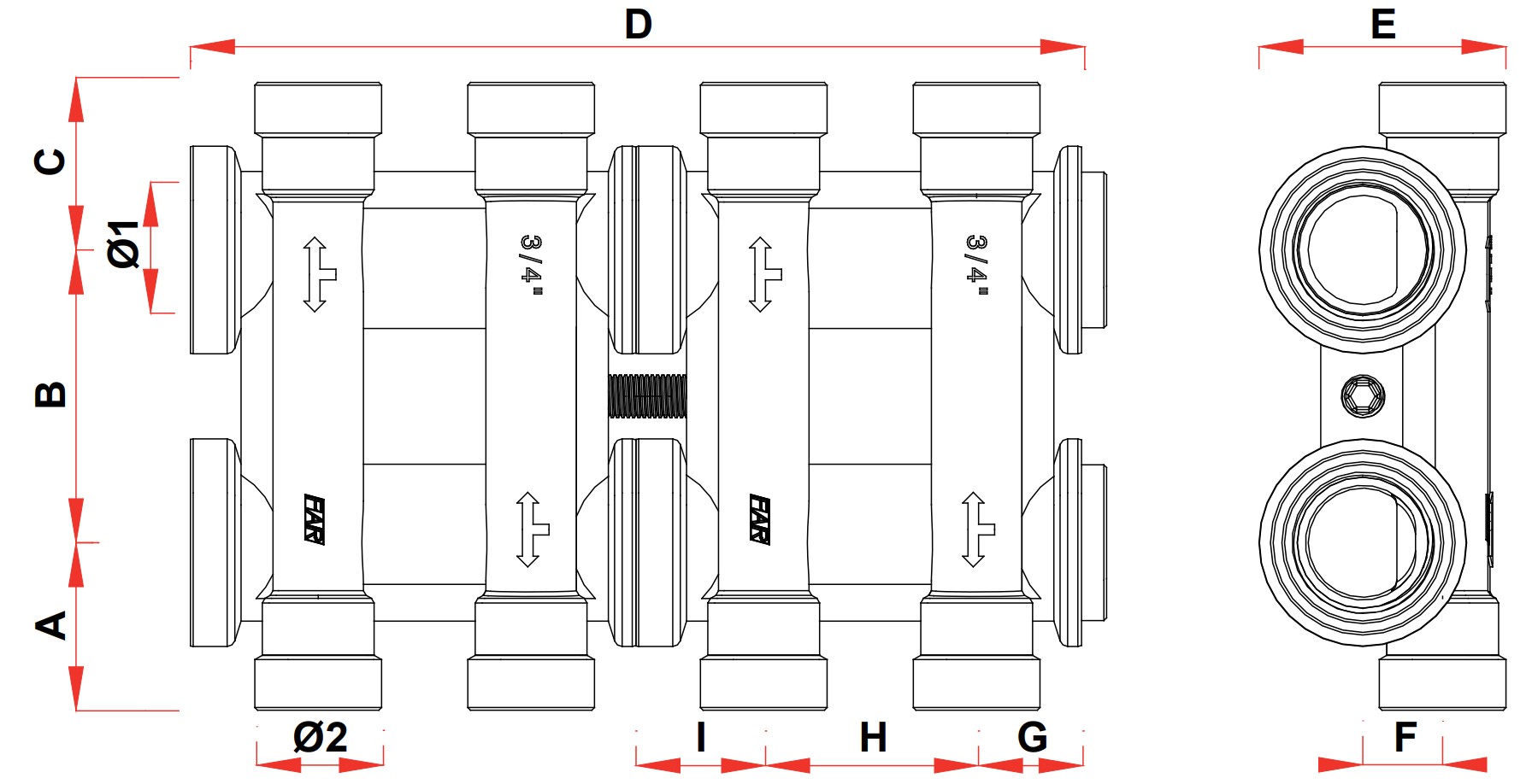 Коллекторы параллельные нерегулируемые FAR FK 3750 Ду20-25 Ру10 с отводами 2+2 М24х20