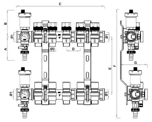 Коллекторные группы FAR FK3462 для теплых полов и отопления с подающими запорно-балансировочными клапанами и обратными терморегулирующими клапанами, выходы М24х19, внутренняя резьба, корпус латунь