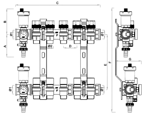 Коллекторная группа FAR FK3468 для теплых полов и отопления Ду25-7х1/2″ Ру10, внутренняя резьба, с подающими запорно-балансировочными клапанами и обратными терморегулирующими клапанами, с 7-ю выходами Ду15 Eurokonus, выходы наружная резьба, корпус латунь