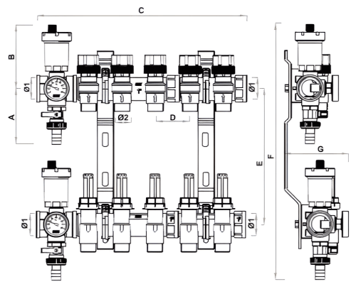 Коллекторные группы FAR FK3561 для теплых полов и отопления с подающими запорно-балансировочными клапанами и расходомерами, обратными терморегулирующими клапанами, выходы М24х19, внутренняя резьба, корпус латунь