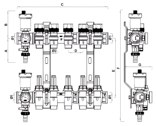 Коллекторная группа FAR FK3581 для теплых полов Ду25-7х1/2″ Ру10, с подающими запорно-балансировочными клапанами и расходомерами, обратными терморегулирующими клапанами, с 7-ю выходами Ду15 Eurokonus, выходы наружная резьба, корпус латунь