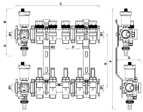 Коллекторная группа FAR FK3583 для теплых полов Ду25-8х3/4″ Ру10, с подающими запорно-балансировочными клапанами и расходомерами, обратными терморегулирующими клапанами, с 8-ю выходами Ду20 Eurokonus, выходы наружная резьба, корпус латунь