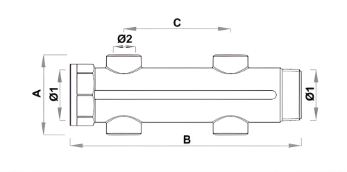 Коллектор нерегулируемый FAR FK 3618 Ду40-2х1/2″ Ру10, наружная/внутренняя резьба с 2-мя выходами Ду15, выходы внутренняя резьба, проходной, корпус Dzr латунь