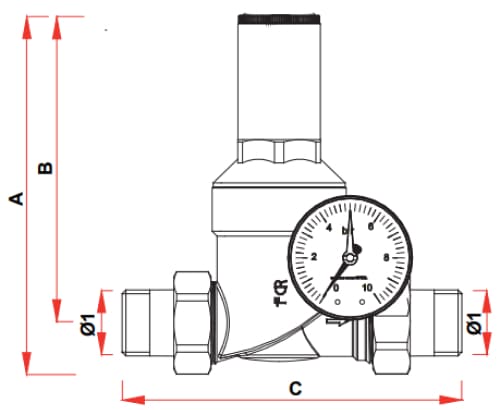 Регулятор давления FAR FA 2805 1/2″ Ду15 Ру25 с манометром, латунный, наружная/наружная резьба (редуктор)