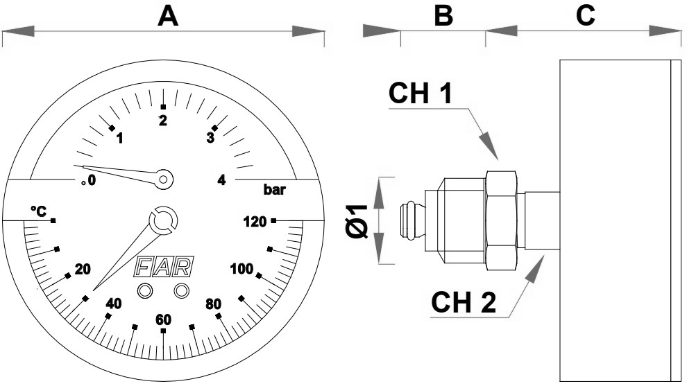 Термоманометр FAR Fa 2550 (0-120С) (0-10бар) G1/4 корпус 80 мм, тип - 2550, до 120°С, осевое присоединение, 0-10бар, резьба G1/4″, класс точности 1.6