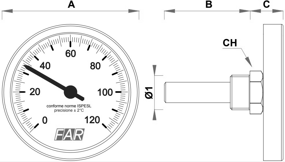 Термометры осевые FAR Fa 2600 биметаллические до 120°С, корпус 80мм, шток L= 50мм, осевое присоединение