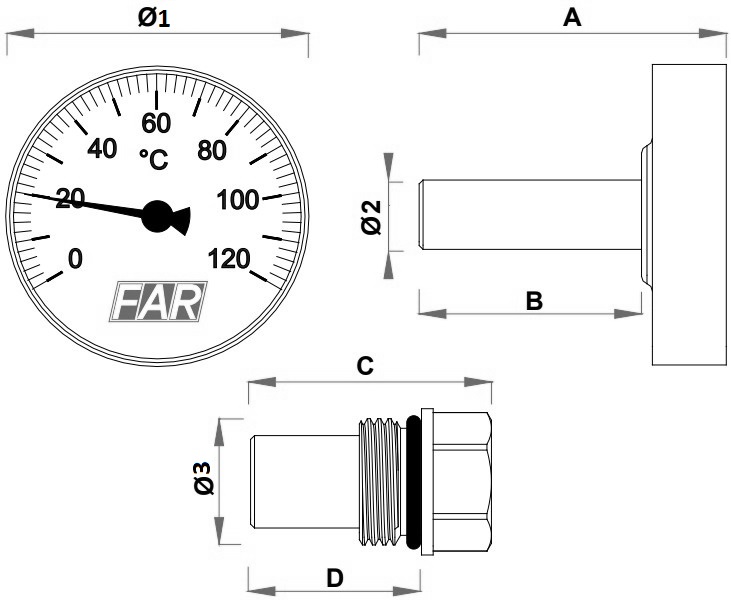 Термометр осевой FAR Fa 2650 биметаллические до 120°С, корпус 40мм, шток L= 36мм, осевое присоединение, с монтажной гильзой