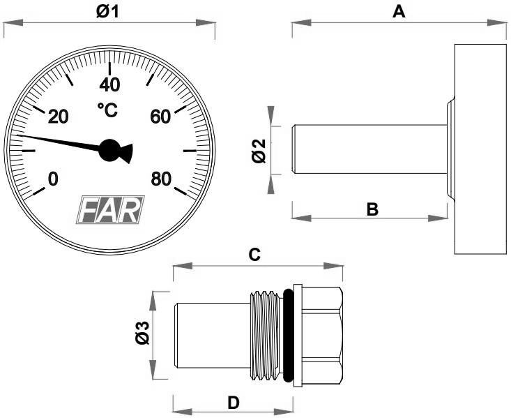 Термометр осевой FAR Fa 2651 (0-80°C) биметаллический 40 мм, тип - Fa 2651, осевое соединение, шкала (0-80°С), погружной шток L=36мм, с монтажной гильзой