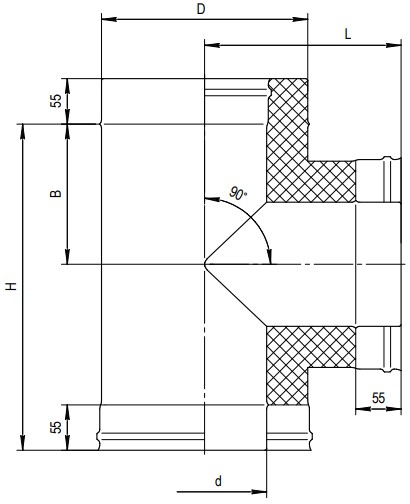 Тройник-сэндвич FERRUM Ду115х200 90° толщина стенки - 0.5мм, нержавеющая сталь AISI 430