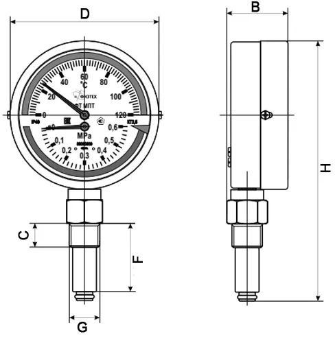 Термоманометр ФИЗТЕХ МПТ 0,6-1,6 МПа 120-150°C IP40, 100 мм, резьба G1/2, класс точности - 2.5, радиальный штуцер, длина погружной части 46-64 мм