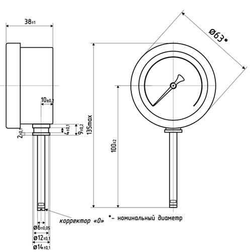 Термометр радиальный ФИЗТЕХ ТБф-120 d-63 U=100 (0-120°C), биметаллический 63 мм, тип -ТБф-120, радиальное присоединение, шкала (0-120°C), погружной шток U=100, IP54, присоединение A2.0х14, класс точности 2.5