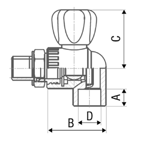 Кран шаровой FV-Plast Дн25x3/4″ угловой с разъемным соединением для радиатора, наружная резьба/под приварку, вентиль, корпус - полипропилен