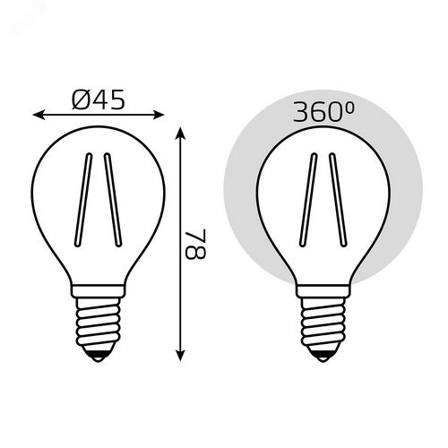 Лампа светодиодная Gauss Black Filament G45, прозрачная, 45 мм, мощность - 13 Вт, цоколь - E14, световой поток - 1100 Лм, цветовая температура - 2700 K, теплый свет, форма - шарообразная