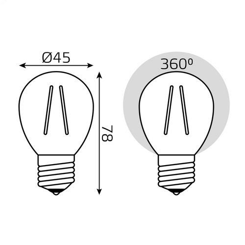 Лампы светодиодные Gauss Black Filament G45, прозрачные, 45 мм, мощность - 13 Вт, цоколь - E27, световой поток - 1100-1150 Лм, цветовая температура - 2700-4100 K, форма - шарообразная