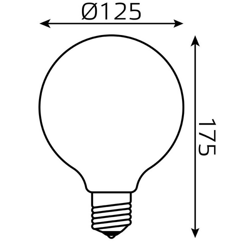 Лампа светодиодная Gauss Black Filament G125 диммируемая матовая 125 мм, мощность - 10 Вт, цоколь - E27, световой поток - 1070 лм, цветовая температура - 3000 K, теплый белый свет, форма - шарообразная