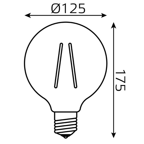 Лампа светодиодная Gauss Black Filament G125 диммируемая прозрачная 125 мм, мощность - 10 Вт, цоколь - E27, световой поток - 820 лм, цветовая температура - 2400 K, теплый белый свет, форма - шарообразная