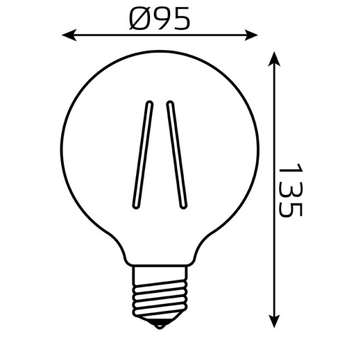 Лампы светодиодные Gauss Black Filament G95 диммируемые прозрачные 95 мм, мощность - 6 Вт, цоколь - E27, световой поток - 620 лм, цветовая температура - 2400 K, форма - шарообразная